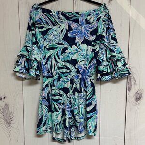 Lilly Pulitzer Calla Romper Women’s S High Tide Off Shoulder Ruffle Sleeve EUC
